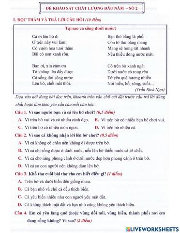 Tiếng Việt 2 lên 3: Đề khảo sát đầu năm số 2