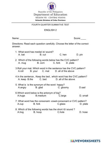 English summative test q4