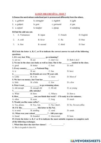 Luyện thi vào 6 Test 7