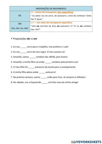 Preposições de Movimento: de ou em