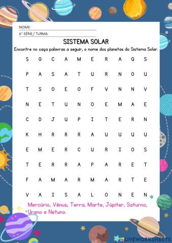 Caça palavras sistema solar