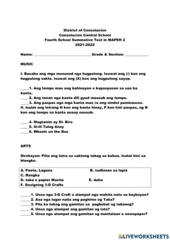 Summative test in mapeh 2 q4