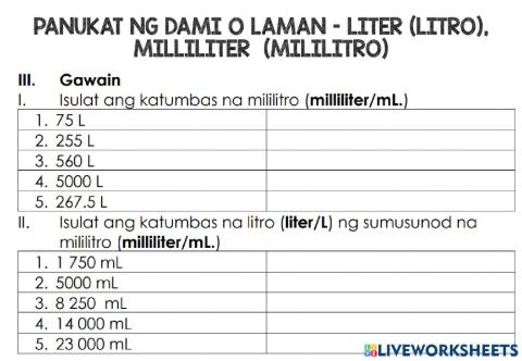 Panukat ng dami o laman – liter (litro), milliliter  (mililitro)