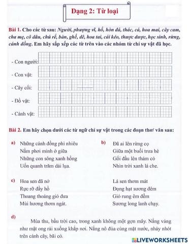 Tiếng Việt 3 lên 4 - Dạng 2: Từ loại