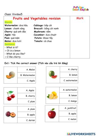 Vegetables and Fruits revision
