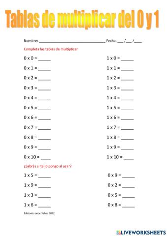Tablas de multiplicar de 0 al 1