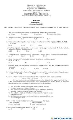 Post test in measure of variability