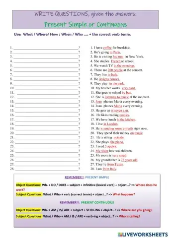 Questions in Present Simple and Present Continuous