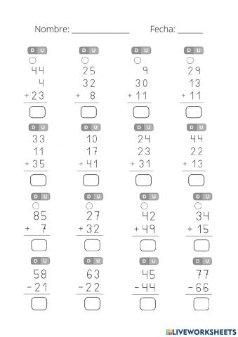Sumas con llevadas y sin llevadas y restas sin llevadas