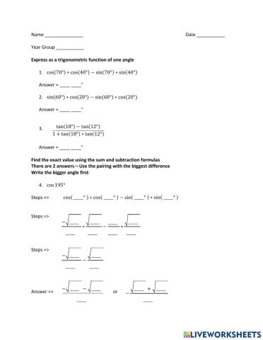 Trigonometry - Sum Difference Formulas