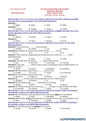 Đề thi vào lớp 10-hà nội (2020-2021)