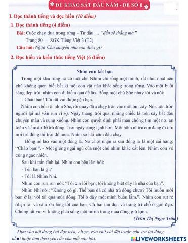Tiếng Việt 3 lên 4: Đề khảo sát đầu năm số 1