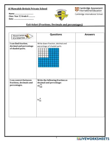 Fraction, decimals and percentages