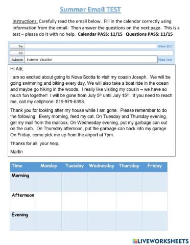 Summer Email with Calendar Test