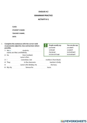 EVOLVE 2 UNIT 1.1 GRAMMAR PRACTICE