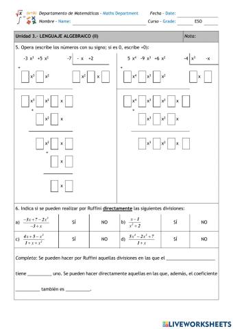 Lenguaje algebraico (II) ESO 3º Refuerzo