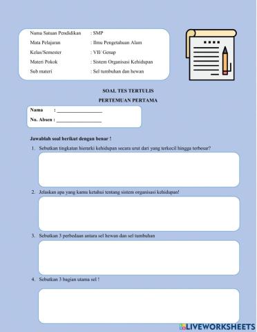 Soal tertulis sel tumbuhan dan hewan