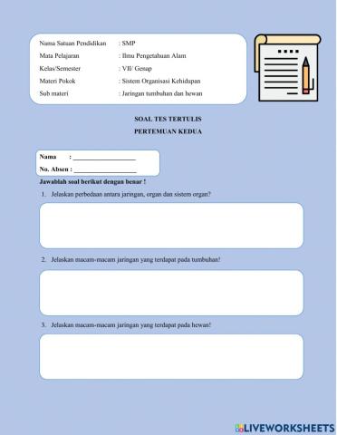 Soal tertulis 2 jaringan tumbuhan dan hewan