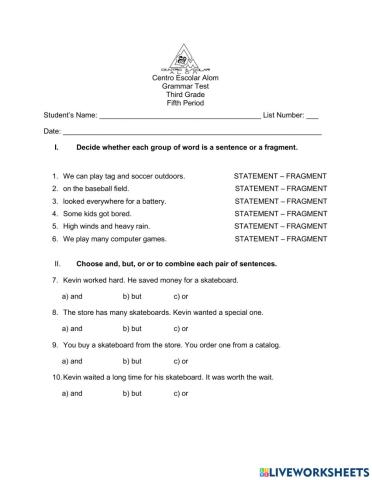Grammar - Third Grade - Fifth Period Test