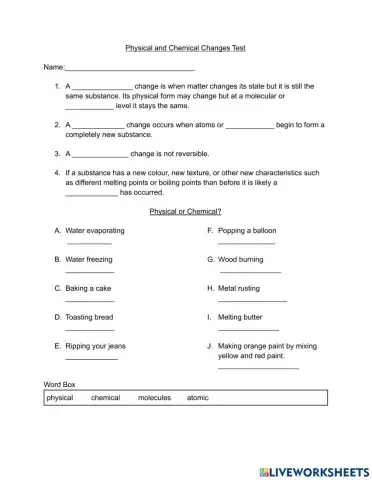 Physical and Chemical Change Test