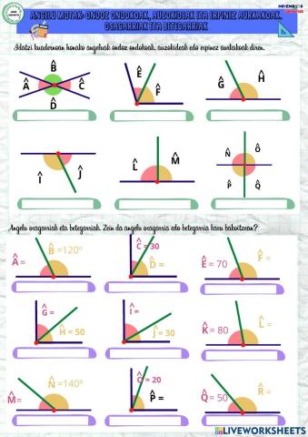 Angelu motak: ondoz ondokoak, auzokideak eta erpinez aurkakoak. Osgarriak eta betegarriak