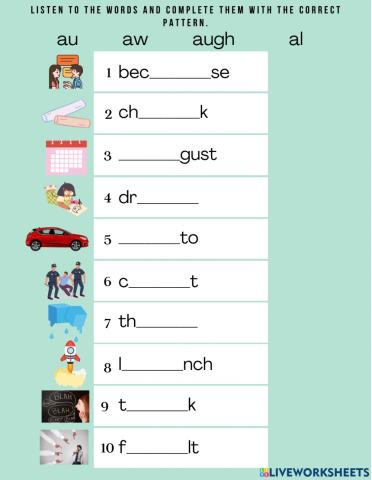 Vowel patterns au, aw, augh, al
