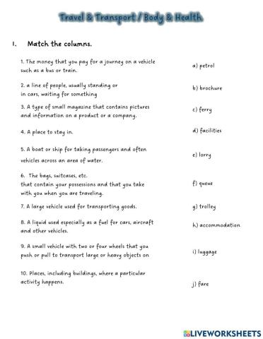 Vocabulary Travel and transport and body and health