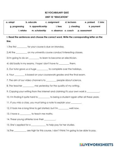 B2 vocabulary quiz unit 10 -education-