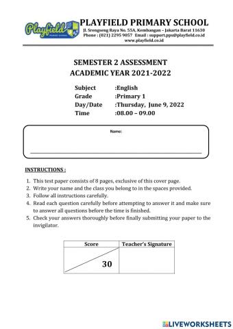 Semester 2 English Assessment Primary 1
