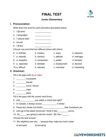 FINAL TEST - Junior Elementary