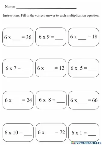 6 Times Table fill in the blank