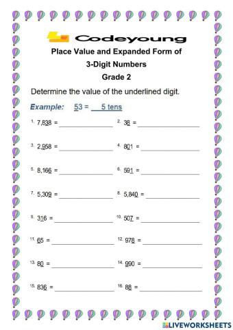 Place Value and Expanded Form of 3-Digit Numbers WS 2