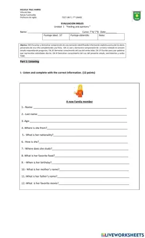 Test unit 1 7th grade