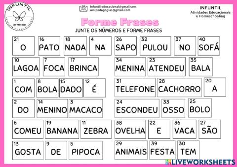 Forme frases juntando os números