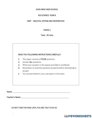 Year 8 Skeleton and Respiration Unit Test