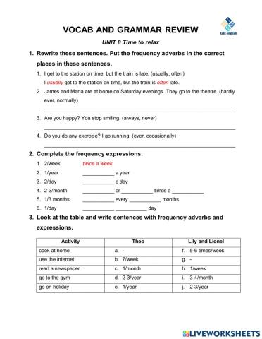 VOCAB AND GRAMMAR REVIEW UNIT 8 Time to relax
