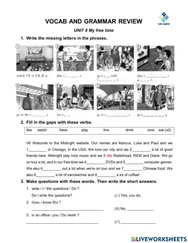VOCAB AND GRAMMAR REVIEW UNIT 8 My free time