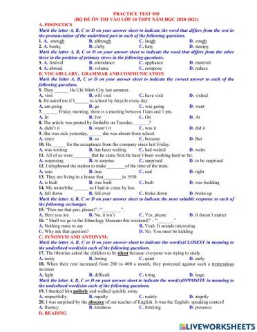 Ôn thi vào 10 - đề 30 - 40tn