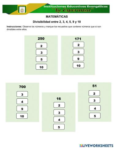 Divisibilidad entre 2, 3, 4, 5, 9 y 10