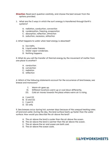Worksheet for Science 7: SBA Worksheet