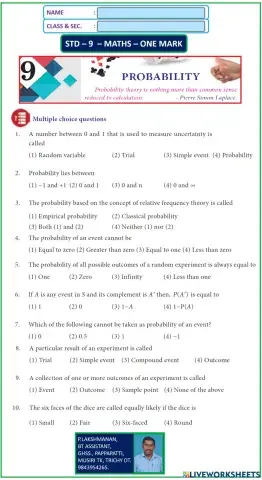 Std - 9 - maths - em - ch-9 - probability - onemark - tamilnadu