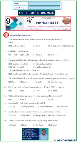 Std - 9 - maths - em - ch-9 - probability - onemark - tamilnadu