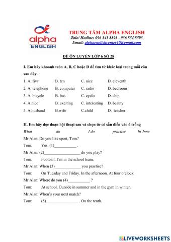 Đề luyện số 28 lớp 6 trường Amsterdam