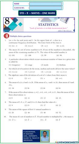 Std - 9 - maths - em - ch-8 - STATISTICS - ONE MARK - TAMILNADU