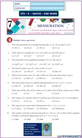 Std - 9 - maths - em - ch-7 - MENSURATION - ONE MARK - TAMILNADU