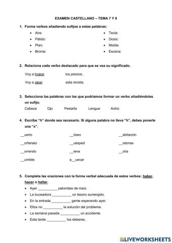 Examen castellano tema 7 y 8