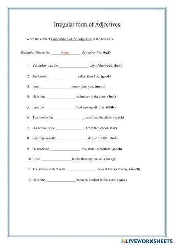 Irregular form of Adjectives Live Worksheet