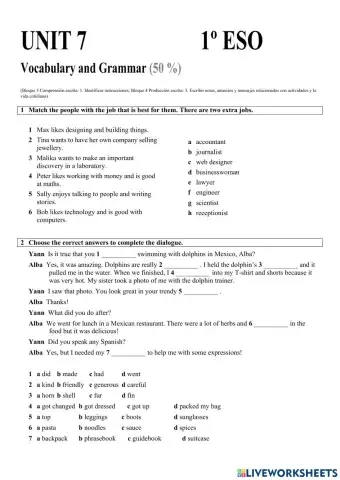 Exam G-V Unit 7 - 1 ESO