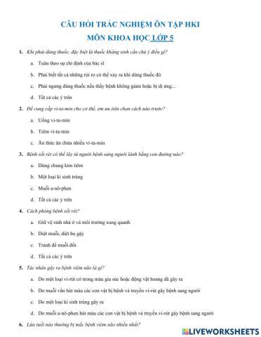 Bài tập trắc nghiệm môn khoa học lớp 5