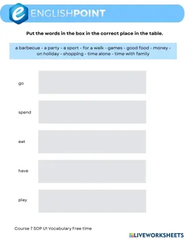 Free time vocabulary collocations